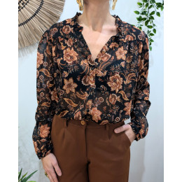 Chemisier femme noir fleurs terracottas Jasmina