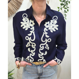 Chemisier femme bleu marine broderies blanches Nova