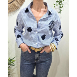 Chemisier femme rayé bleu marine et blanc broderies fleurs