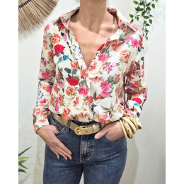 Chemisier femme écru fleurs roses orangées Aurelia