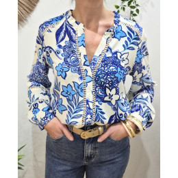 Chemisier femme écru fleurs bleues Faustina