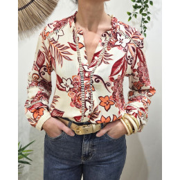Chemisier femme écru fleurs rouges orangées Faustina