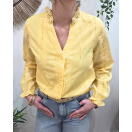 Chemisier femme jaune broderies fleuries ajourées Leonora