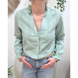 Chemisier femme vert d'eau broderies fleuries ajourées Leonora