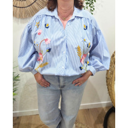 Chemisier à rayures femme oversize broderie fleurs