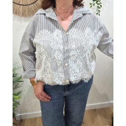 Chemisier femme oversize rayures noires et dentelle blanche