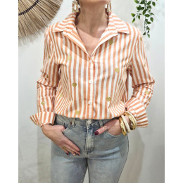 Chemisier femme rayé orange et écru coeurs brodés dorés