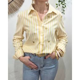 Chemisier femme rayé jaune et écru coeurs brodés dorés