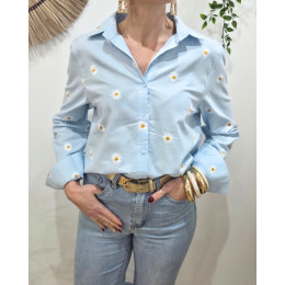 Chemisier femme bleu ciel marguerites brodées