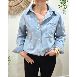 Chemise femme coton bleu jean coeurs argentés