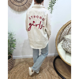Chemise femme rayée beige et taupe broderie Strong Girls rouge