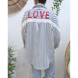 Chemise femme rayée marine et blanche broderies fleuries et LOVE rouge