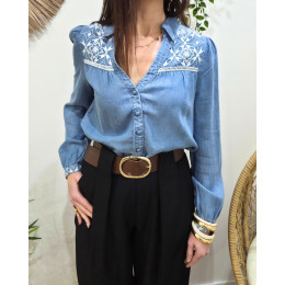 Chemisier femme coton bleu jean broderies blanches Oksana
