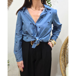 Chemisier femme bleu jean coeurs brodés marine