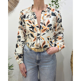 Chemisier femme écru fleurs oranges vertes et noires Saga