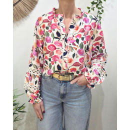 Chemisier femme écru fleurs roses manches brodées Solvi