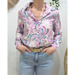 Chemisier femme écru fleurs fuchsia et bleues Célestina