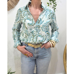 Chemisier femme écru fleurs vertes et bleues Célestina