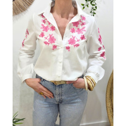 Chemisier femme blanc broderies fleuries roses Xentha
