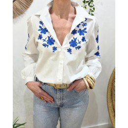 Chemisier femme blanc broderies fleuries bleues Xentha