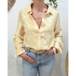 Chemisier femme jaune pâle broderies fleuries beiges Cybéla
