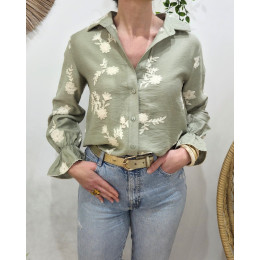 Chemisier femme kaki clair broderies fleuries beiges Cybéla