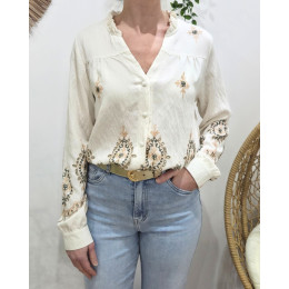 Chemisier femme écru broderies kaki et beiges col mao