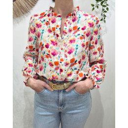 Chemisier femme écru imprimés fleuris oranges fuchsia multicolores