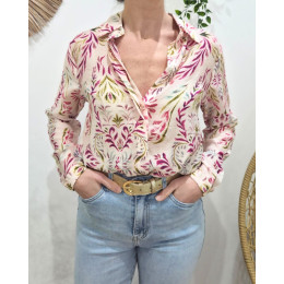 Chemisier fin femme rose feuillages verts et fuchsia