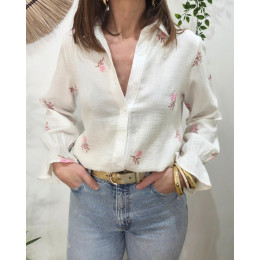 Chemisier femme coton gaze écru fleurs brodées roses Elara