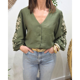 Chemisier femme kaki manches broderies fleuries beiges Altaia