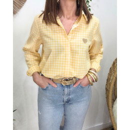 Chemisier femme à carreaux vichy jaune et blanche coeur brodé doré