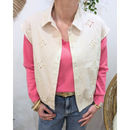 Chemise coton femme sans manches ajourée beige Gia