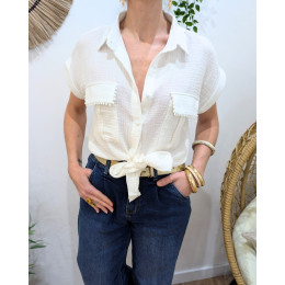 Chemisier femme écru manches courtes en gaze de coton Soren