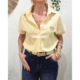 Chemisier femme rayé jaune et écru manches courtes coeur brodé doré