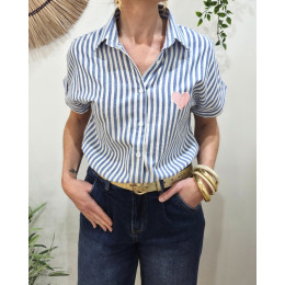 Chemisier femme rayé bleu et écru manches courtes coeur brodé rose