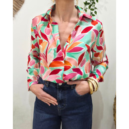 Chemisier femme vert d'eau feuillages roses orangés