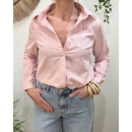 Chemisier femme rayée rose et écrue petits coeurs brodés roses