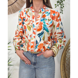 Chemisier femme écru feuilles vertes bleu et orange manches brodées Casilda