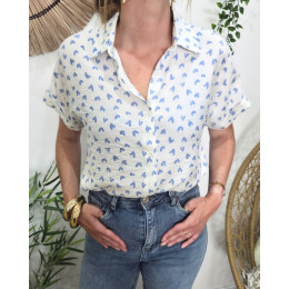 Chemisier femme manches courtes blanc coeurs bleus