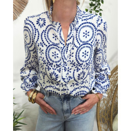 Chemisier femme manches longues blanc et bleu roi Elna