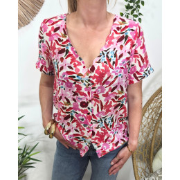 Chemisier femme manches courtes motifs roses multicolores Brizia