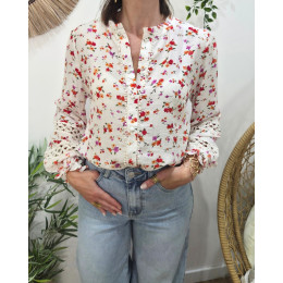 Chemisier femme écru fleurs oranges et rouges Fiammetta