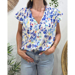Chemisier femme manches courtes motifs fleuris bleus Carmela