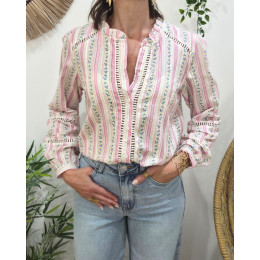 Chemisier femme blanc rayures fuchsia fleurs jaunes et bleues