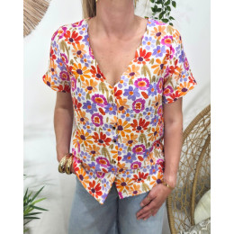 Chemisier femme manches courtes rose orange et violet Isotta