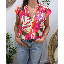 Chemisier femme manches courtes beige fleurs fuchsias oranges kaki Majkenia
