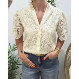 Chemisier femme manches courtes beige broderies fleuries Albertine
