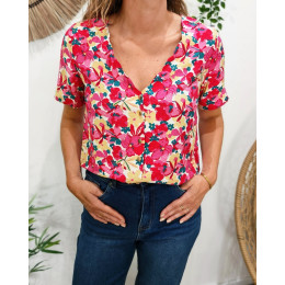 Chemisier femme manches courtes fleurs roses et jaunes Ambra