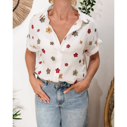 Chemisier femme coton gaze blanc fleurs brodées kaki moutarde et rouges